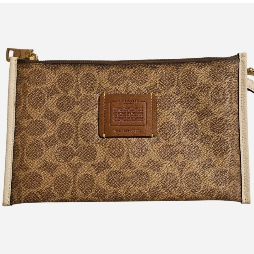 Coach Tan and Brown Signature Large Zip Wristlet - EUC